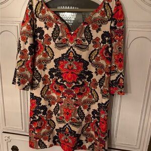 JCrew Linen navy and orange paisley A-line knee length lined dress sz 6